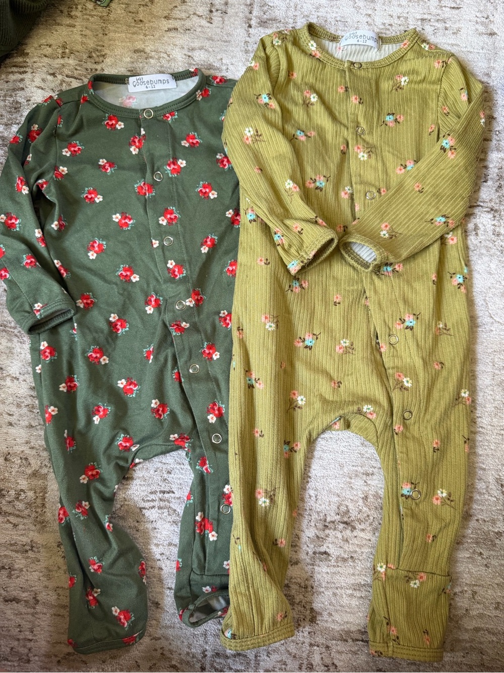 6-12 Months - Baby Goosebumps button onesies - green/olive floral patterns